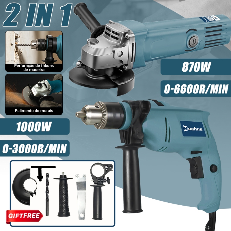110V/220V Kit Furadeira de Impacto 100mm e Esmerilhadeira Angular e caixa plástica Com Acessórios gratuitos promocional