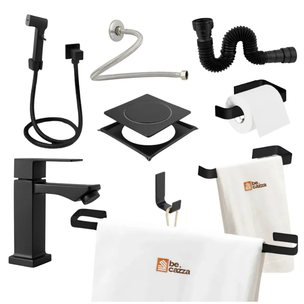Kit De Acessórios Banheiro Preto Fosco + Torneira Baixa Luxo Preto