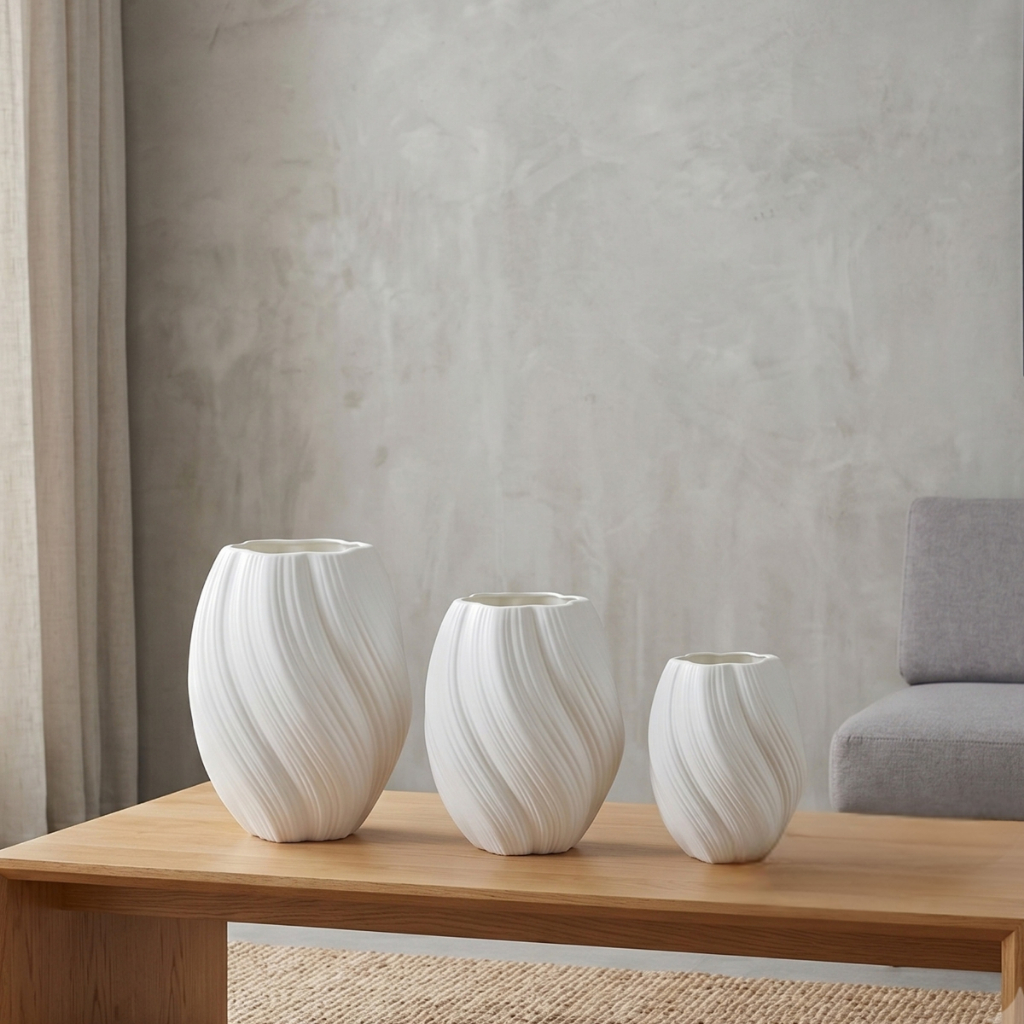 Vaso Decorativo De Plástico Moderno para Estante e Sala Branco Canelado Castela