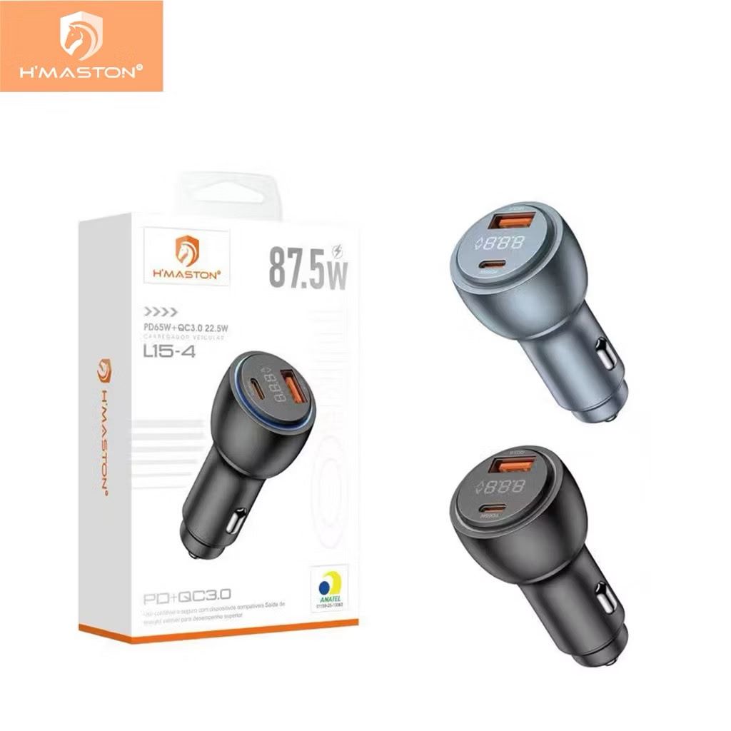 L15 H'maston  87.5W Carregador Veicular Turbo USB e Tipo C  Led Fonte Carro Automotivo Original