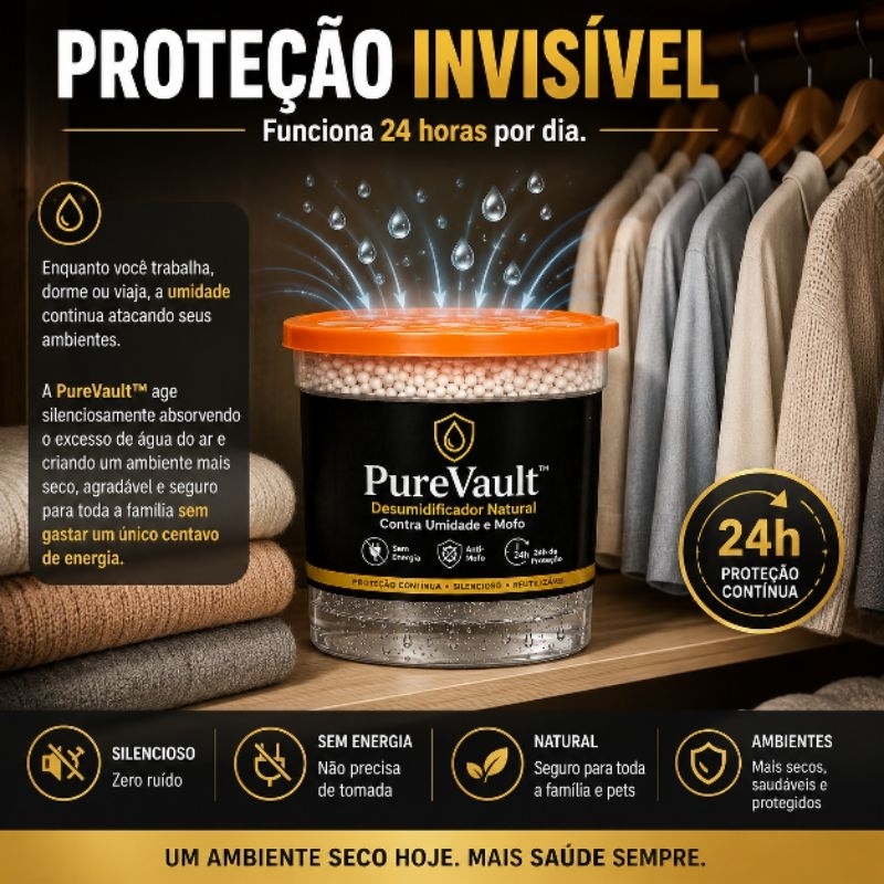 PureVault™ Desumidificador Natural Anti Mofo Armário Guarda Roupa Controle de Umidade Elimina Mau Cheiro