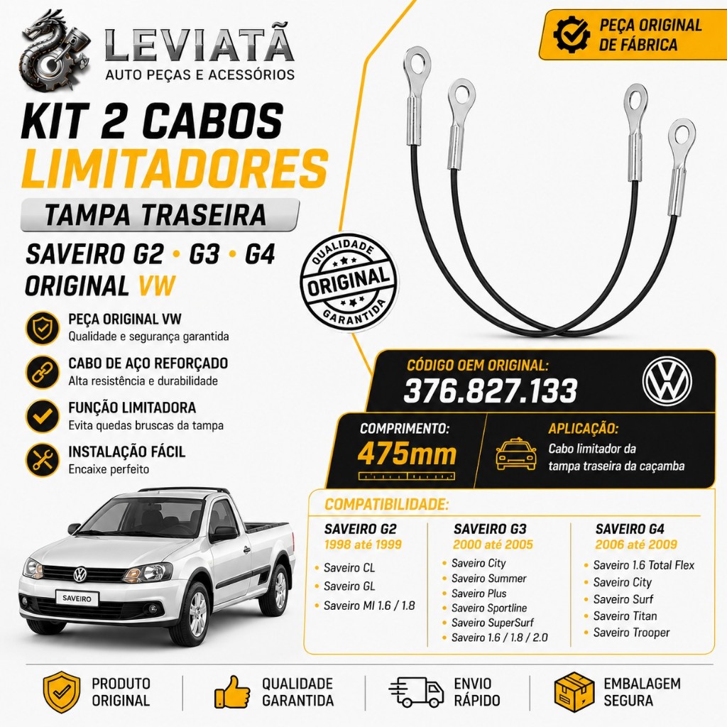 Kit 2 Cabos Limitadores Tampa Caçamba Traseira Saveiro G2 G3 G4 Original VW Volkswagen