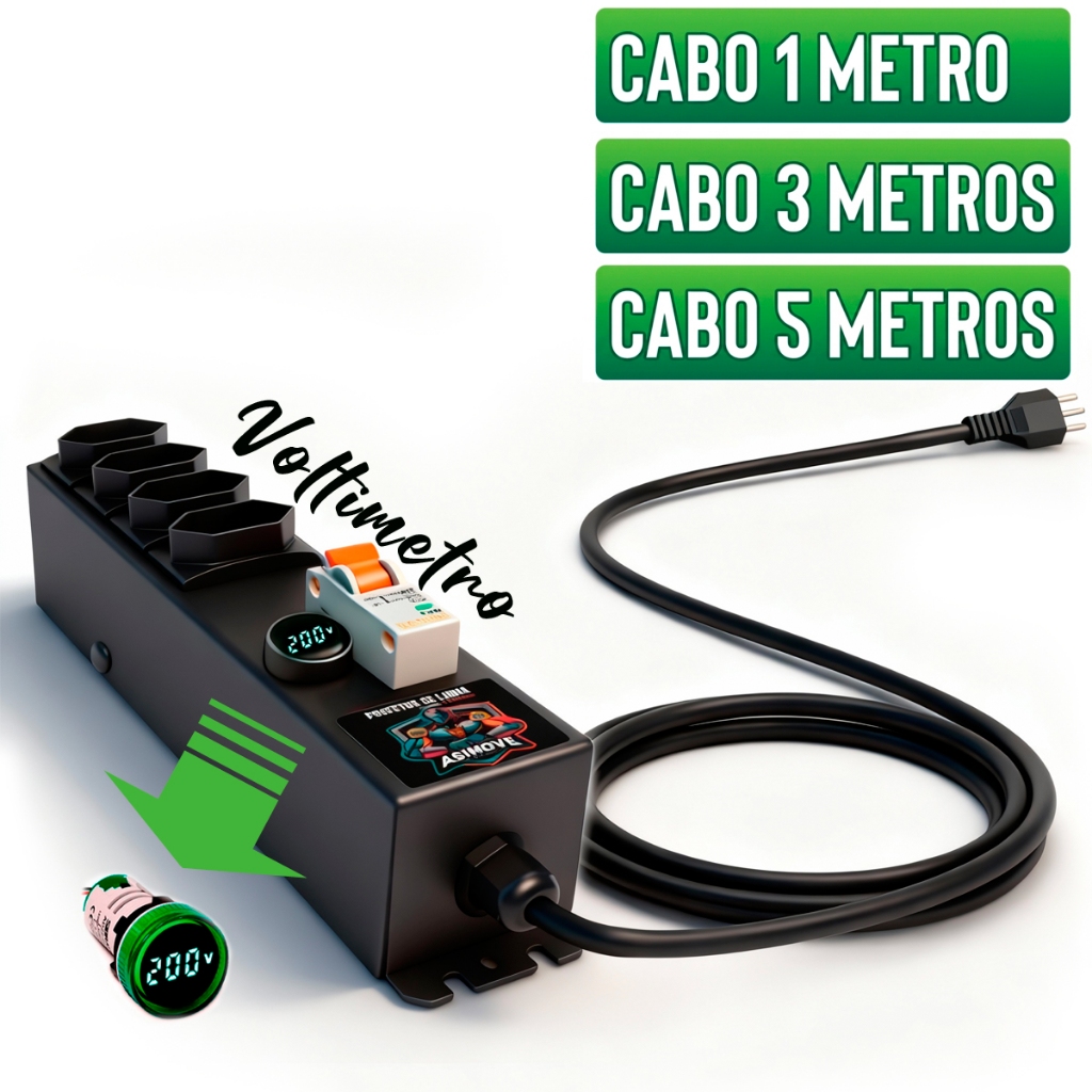 Filtro De Linha 20 Amperes Com 4 Tomadas Disjuntor e Voltímetro (Extensão 1mt 3mt 5mt)