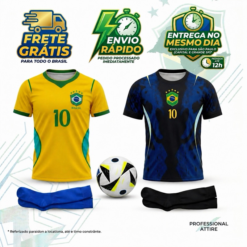 Kit 2 Conjuntos infantil do Brasil + Meião + Bola Brinde - bordado - leve e durável - esportivo