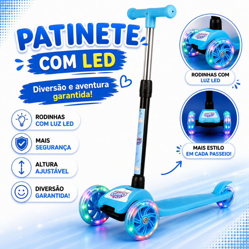 Patinete Dobrável Azul Infantil Com 3 Rodas Led - Castela
