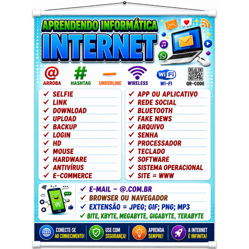 Banner Educativo de Informática aprendendo Internet produzido em lona. Cartaz Escolar Material Didático Educativo
