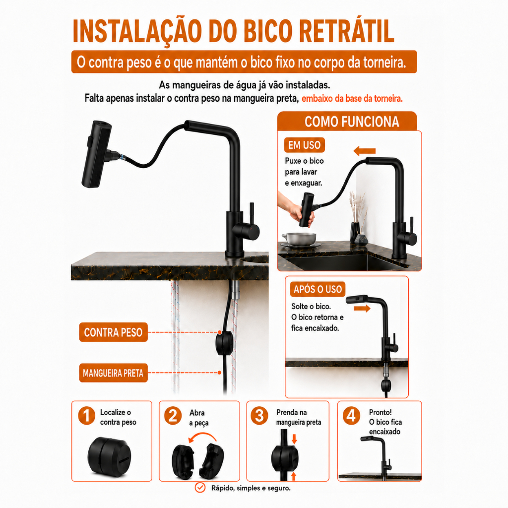 Torneira De Cozinha Gourmet Domma Flexível Extensível Misturador Monocomando Pia Bancada Preto Fosco — imagem 2 de 2