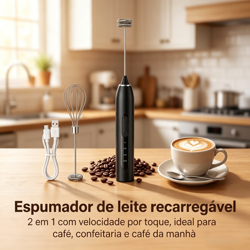 Batedor Portátil Mini Recarregável USB, Misturador para Café, Leite e Ovos