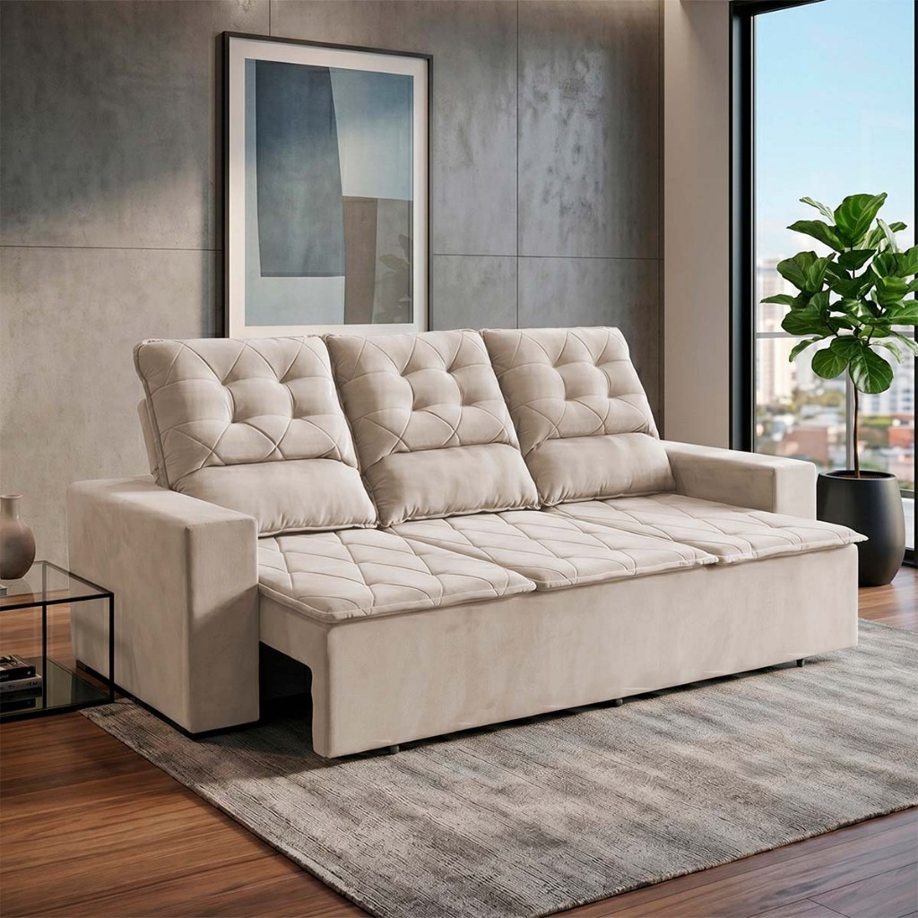 Sofá Retrátil/Reclinável Europa 2,00m Suede Velut Bege c/ Molas Espirais - King House