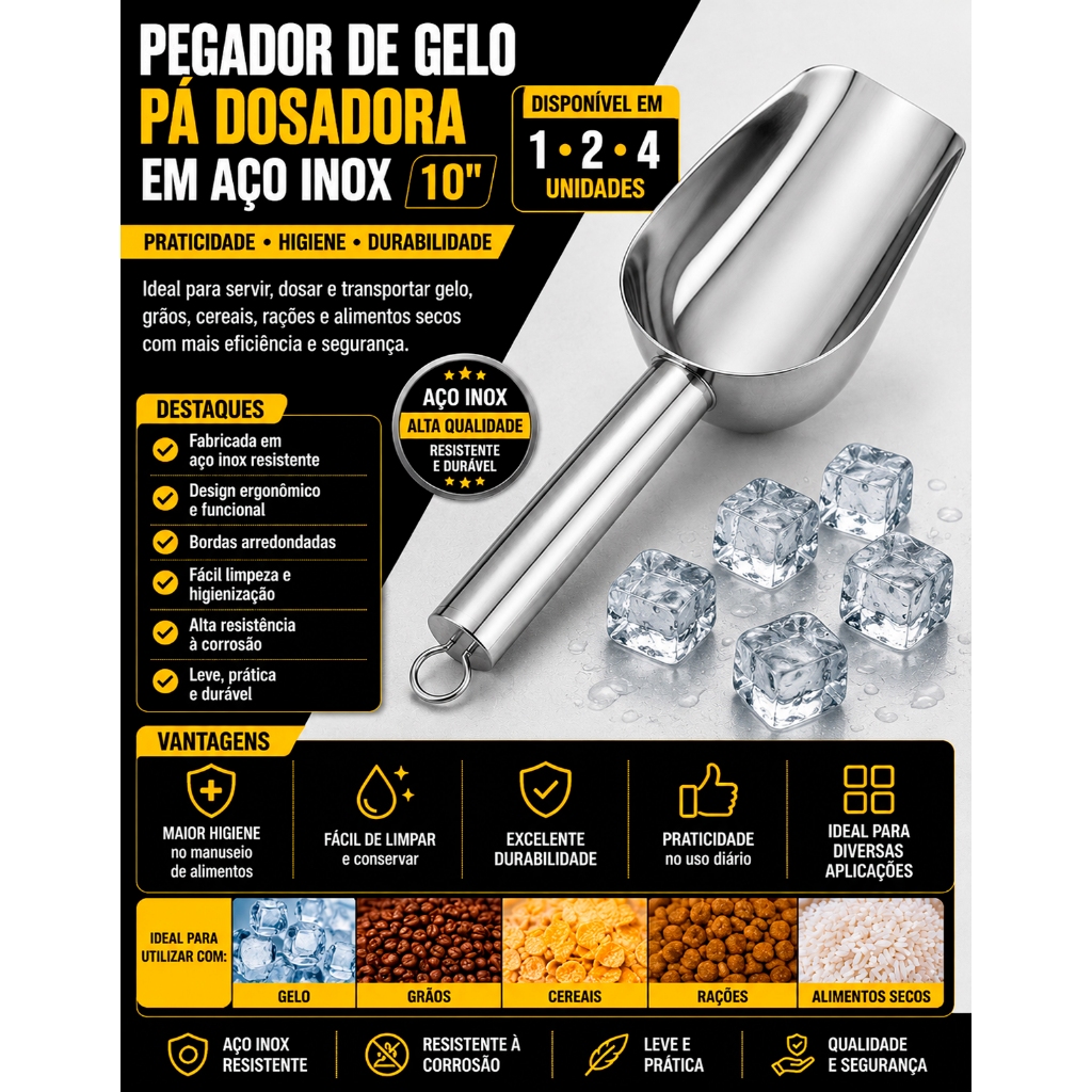 Pá de Inox Gelo Concha Pet Pegador Dosador Ração Cereal Grão Cozinha Multiuso