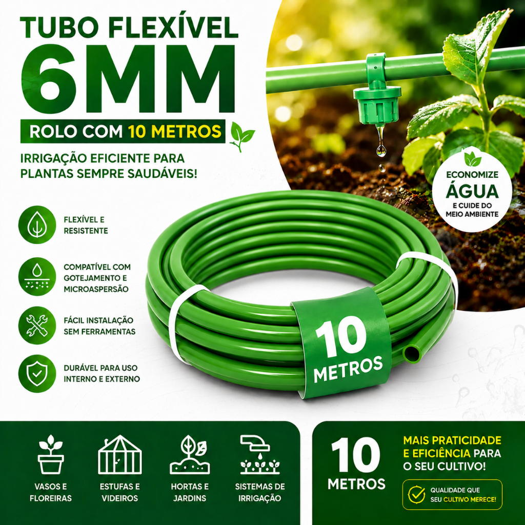 Tubo Flexível Verde 6mm para Irrigação – 10 Metros | Mangueira para Gotejamento e Irrigação Automática
