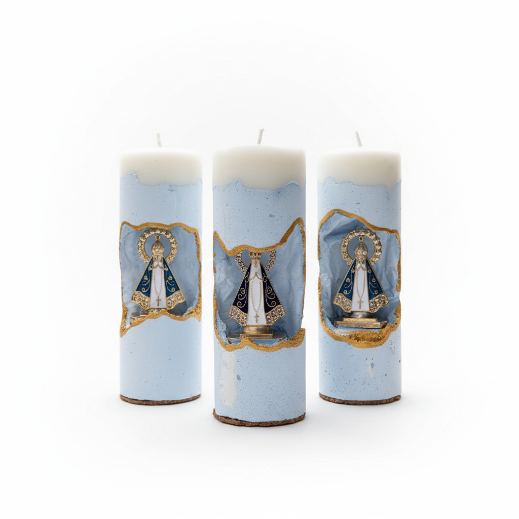 Kit 3 Velas Oratório Pequena Nossa Senhora Aparecida Azul Aromática Presente Decoração Lembrancinha