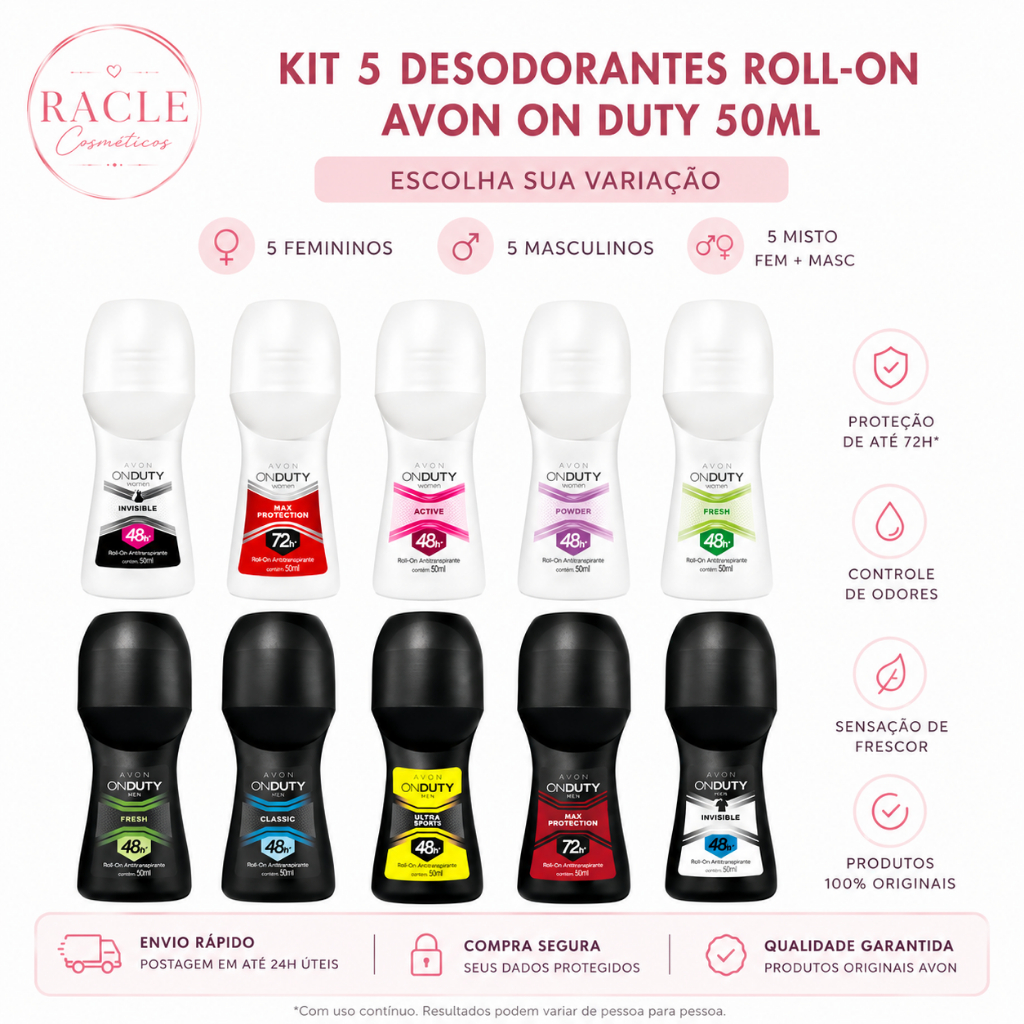 Kit 5 Desodorante Roll-On Avon On Duty 50ml