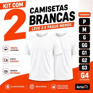 Kit 2 Camisetas Brancas Básicas Lisa 100% Algodão Masculina Feminina P ao G4