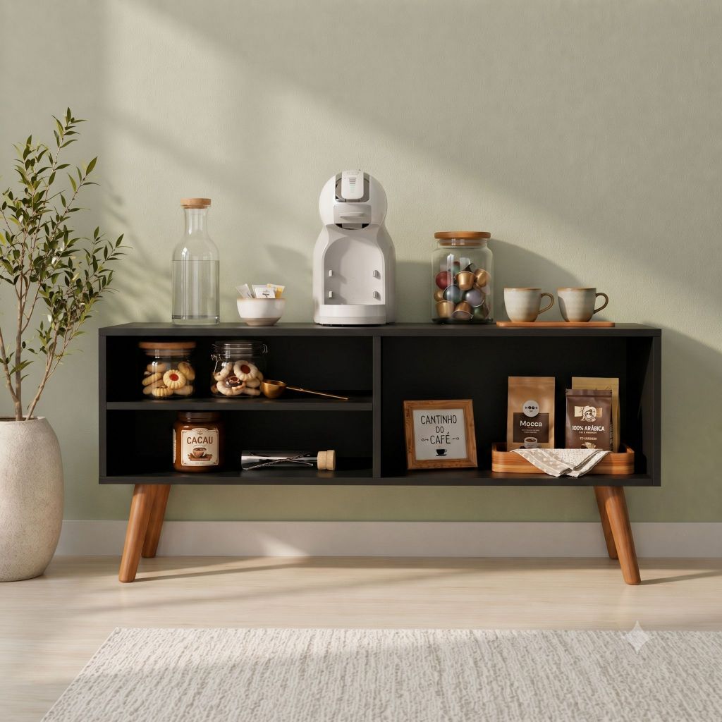 Rack Modulado 2 Divisórias Pés Palito Retro para TV de até 40 Polegadas Com Estrutura em Madeira