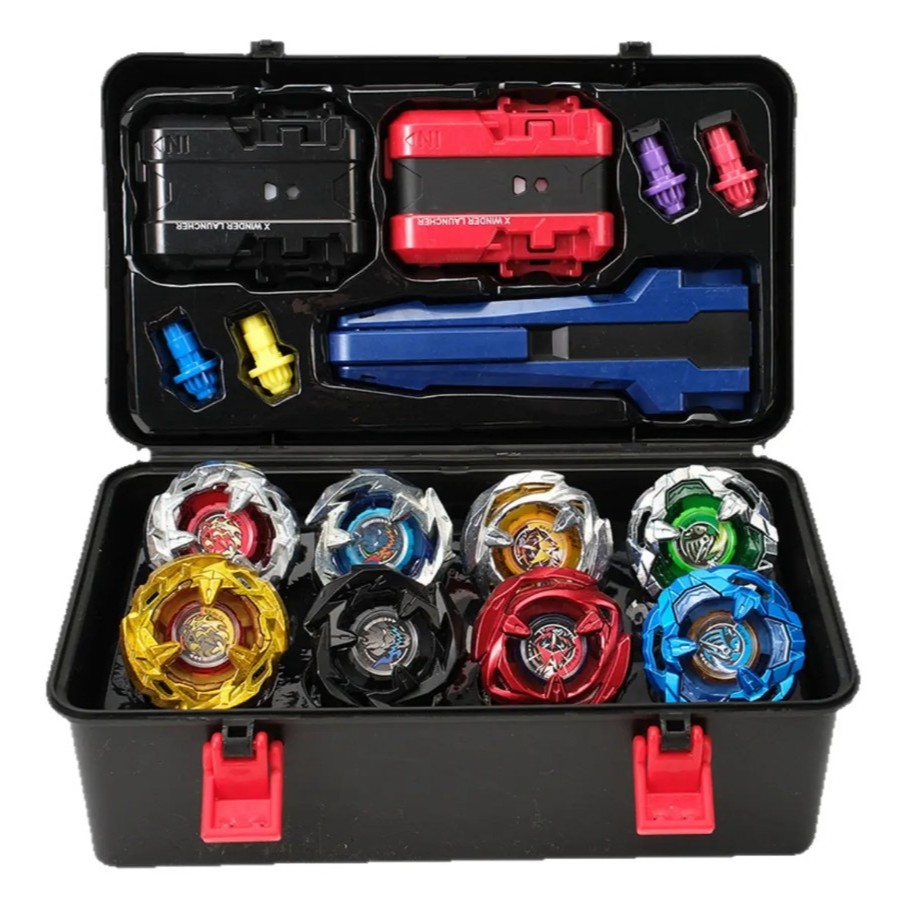 Kit Thunder Gyro X 8 Piões + 2 Lançadores + Maleta de Transporte Brinquedo Infantil Piões de Batalha