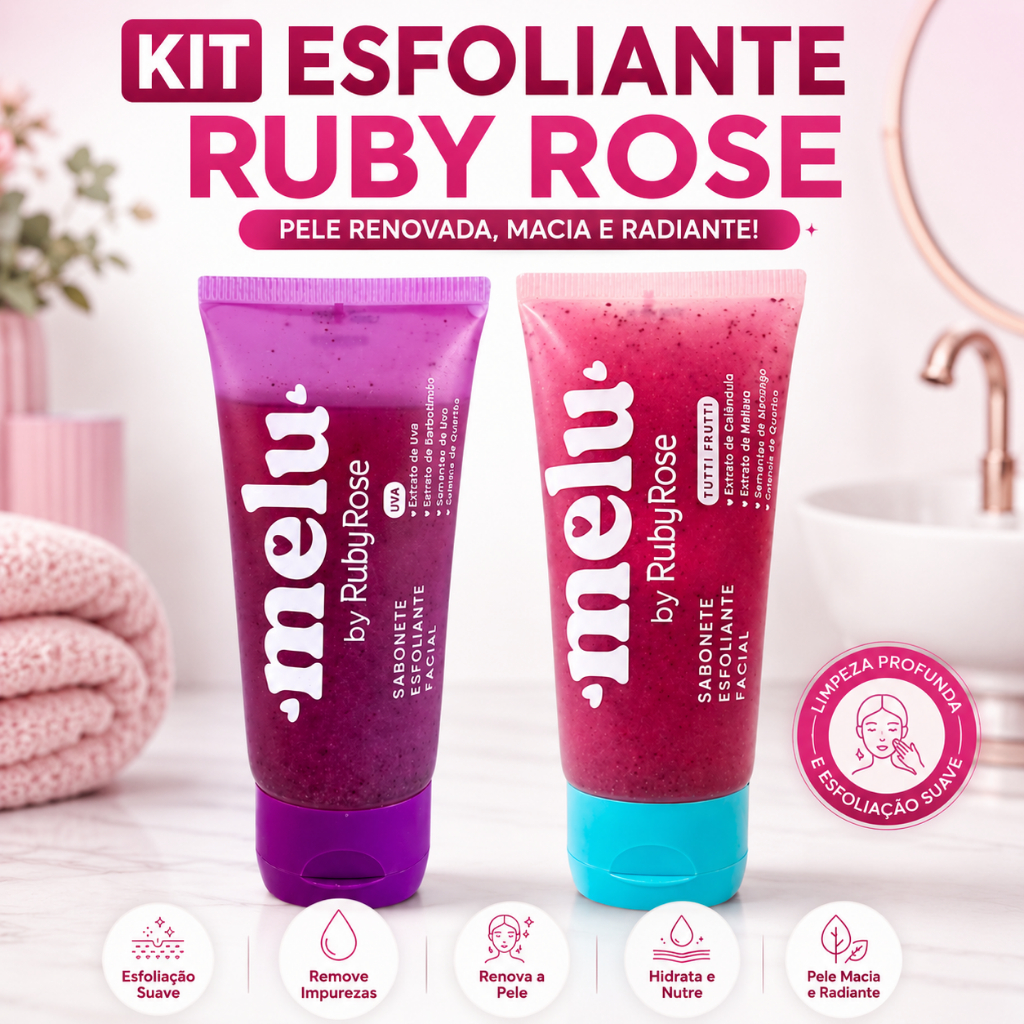 Kit 2 Sabonetes Esfoliante Facial Melu Ruby Rose Tutti Frutti Uva Limpeza Profunda Pele de Porcelana