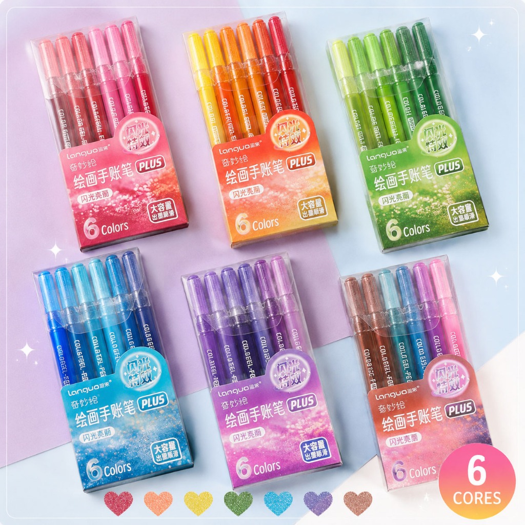 6 Cores Canetas Gel Glitter Metálicas Ponta 1.0mm Tinta Super Brilhante e Opaca P600