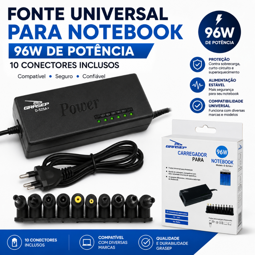 Fonte Universal Notebook 96W Grasep D525A+ 10 Conectores Carregador Ajustável