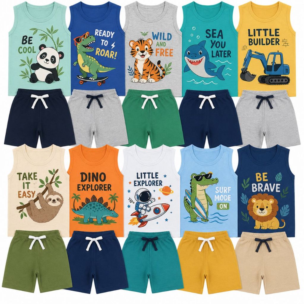 Kit 4 Peças Conjunto Regata Infantil Menino Verão Kit 2 Conjuntos Regata + Shorts/Bermuda