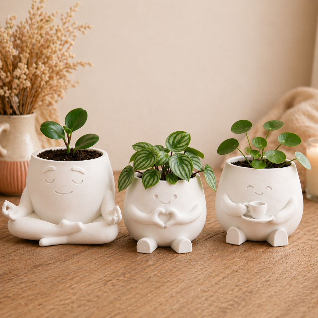 Kit 3 Vasos Decorativos para Suculentas yoga pensador Cachepô Moderno para Sala e Escritório