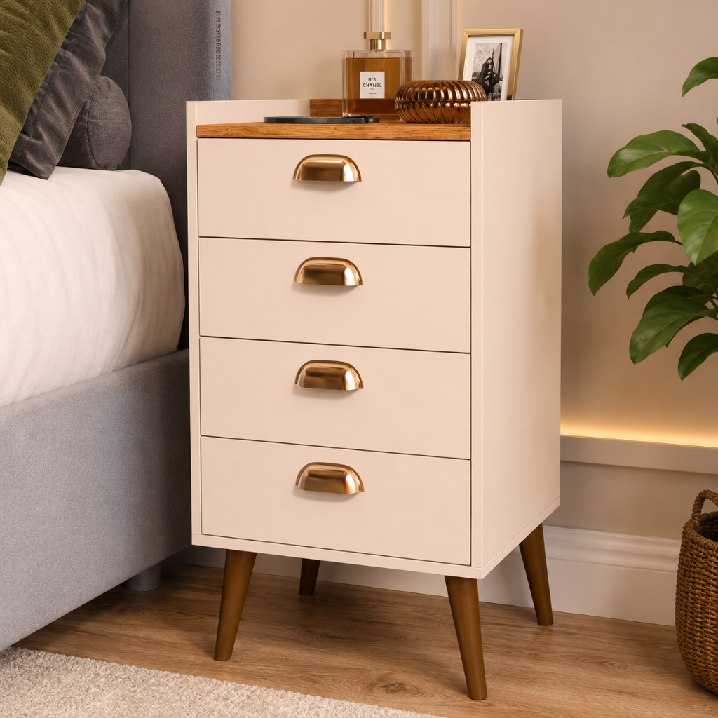 Mesa de Cabeceira Monet 4 Gavetas Retrô Puxador Concha Compacta MDF