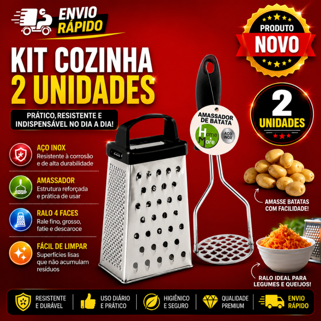Kit 2 Peças Amassador de Batata Inox + Ralador 4 Faces Inox para Legumes e Queijo