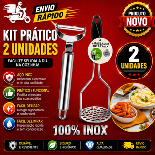 Conjunto 2 Peças Amassador de Batata + Descascador em Aço Inox para Cozinha