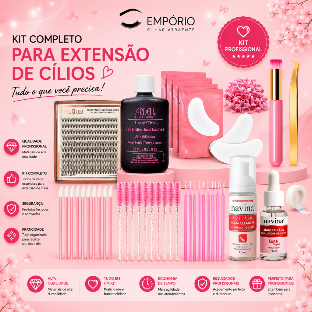 Kit Tufinho Cilios New Show Cola Ardell Lanell Salon Espuma e Finalizador Gota Magica Navina