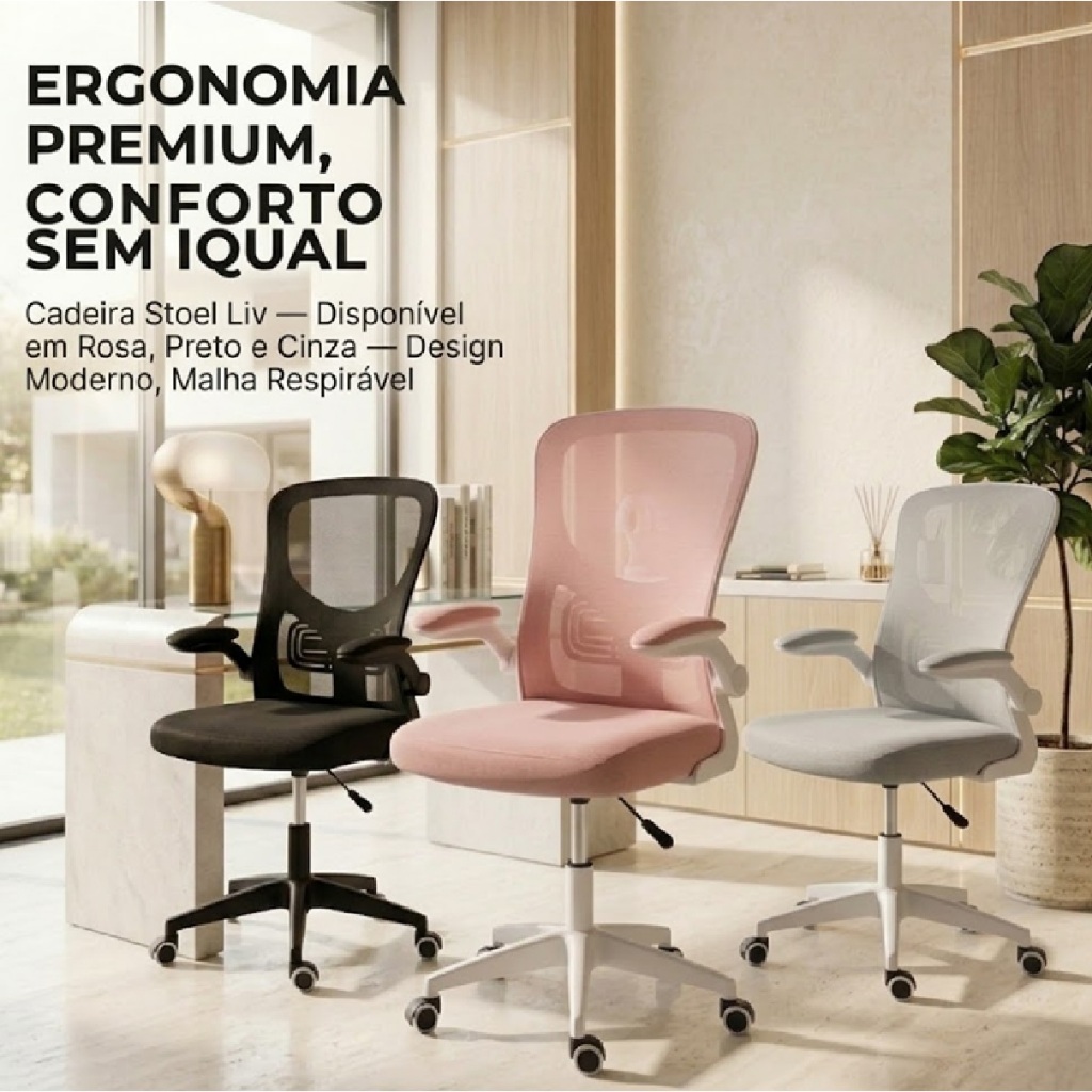 Cadeira Ergonômica Escritório Stoel Liv Cores Rosa Preta ou Cinza Home Office Confortável Giratória Apoio Lombar Mesh