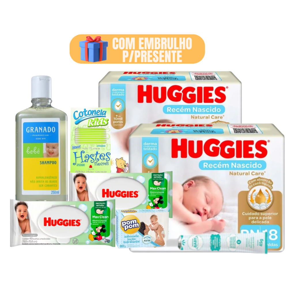 Kit Fraudas Descartáveis Huggies Lenços Umidecidos Shampoo Chá de Bebê