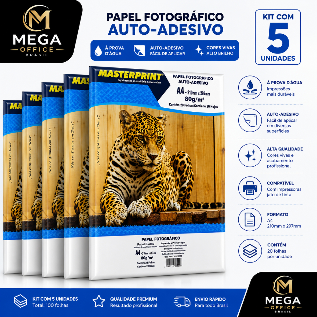 Papel Fotográfico Auto Adesivo Glossy 80g Masterprint Kit 100 Folhas