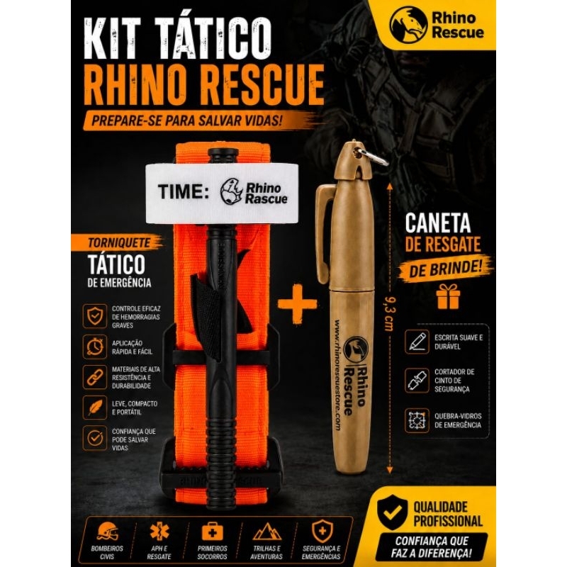 TORNIQUETE RHINO RESCUE LARANJA + CANETA DE RESGATE MULTIFUNCIONAL