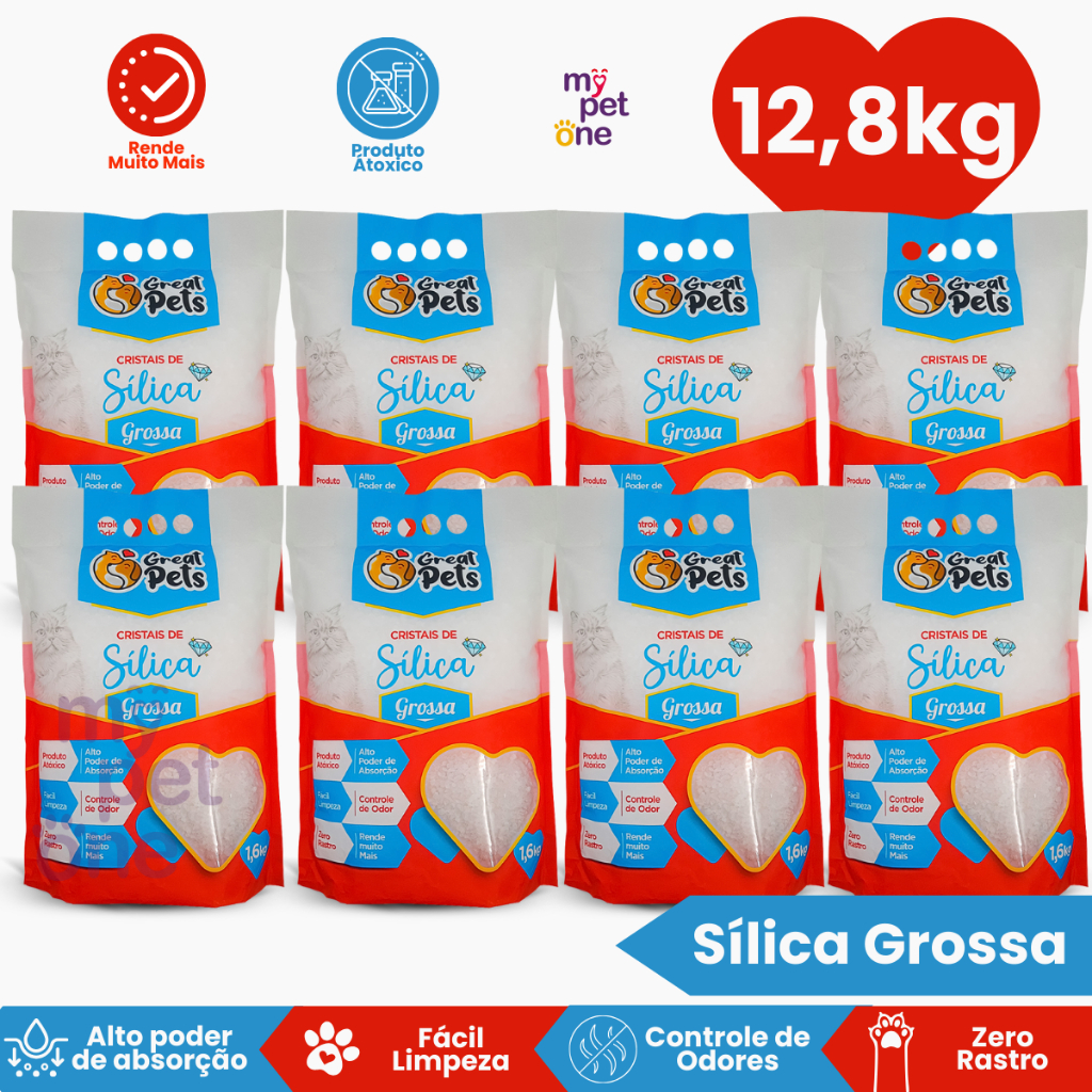 Kit 8 Areia Sílica Grossa Great Pets para Gatos - 1,6 Kg