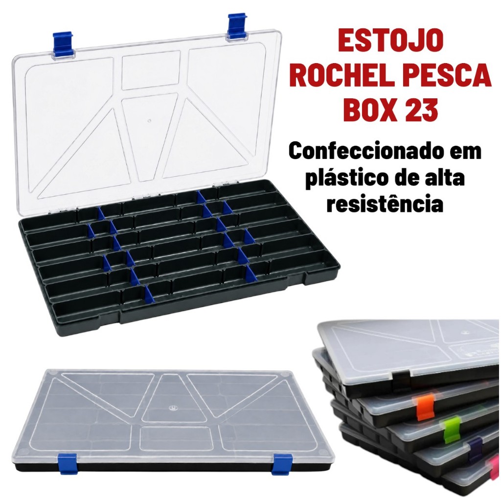 Estojo Organizador Caixa De Isca Artifical  Box 23 Preto Tampa Transparente 22 Divisórias - Rochel Pesca