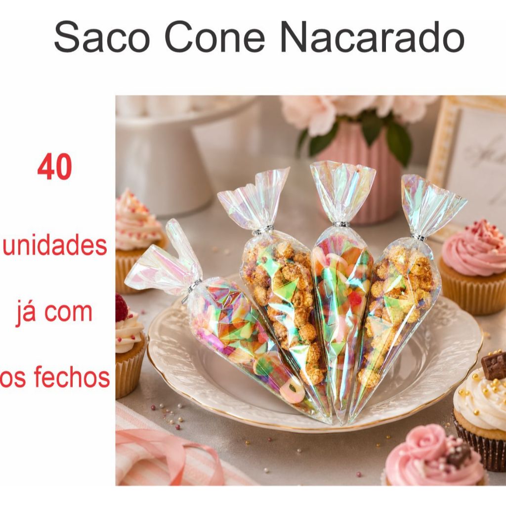 40 Sacos Cone Nacarado 15x26 cm + 40 fechos práticos Prata