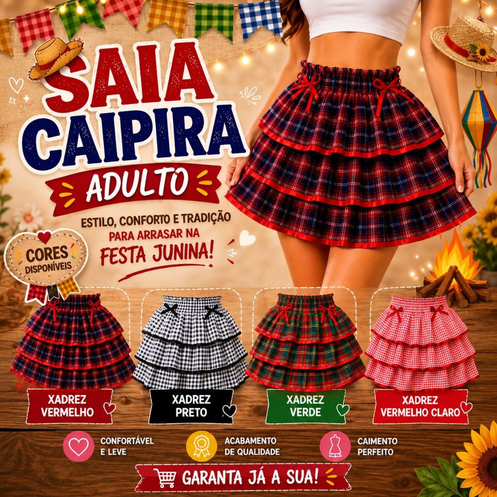 Saia Adulto 3 Babados Festa Junina Caipira São João Arraiá Feminina !!!