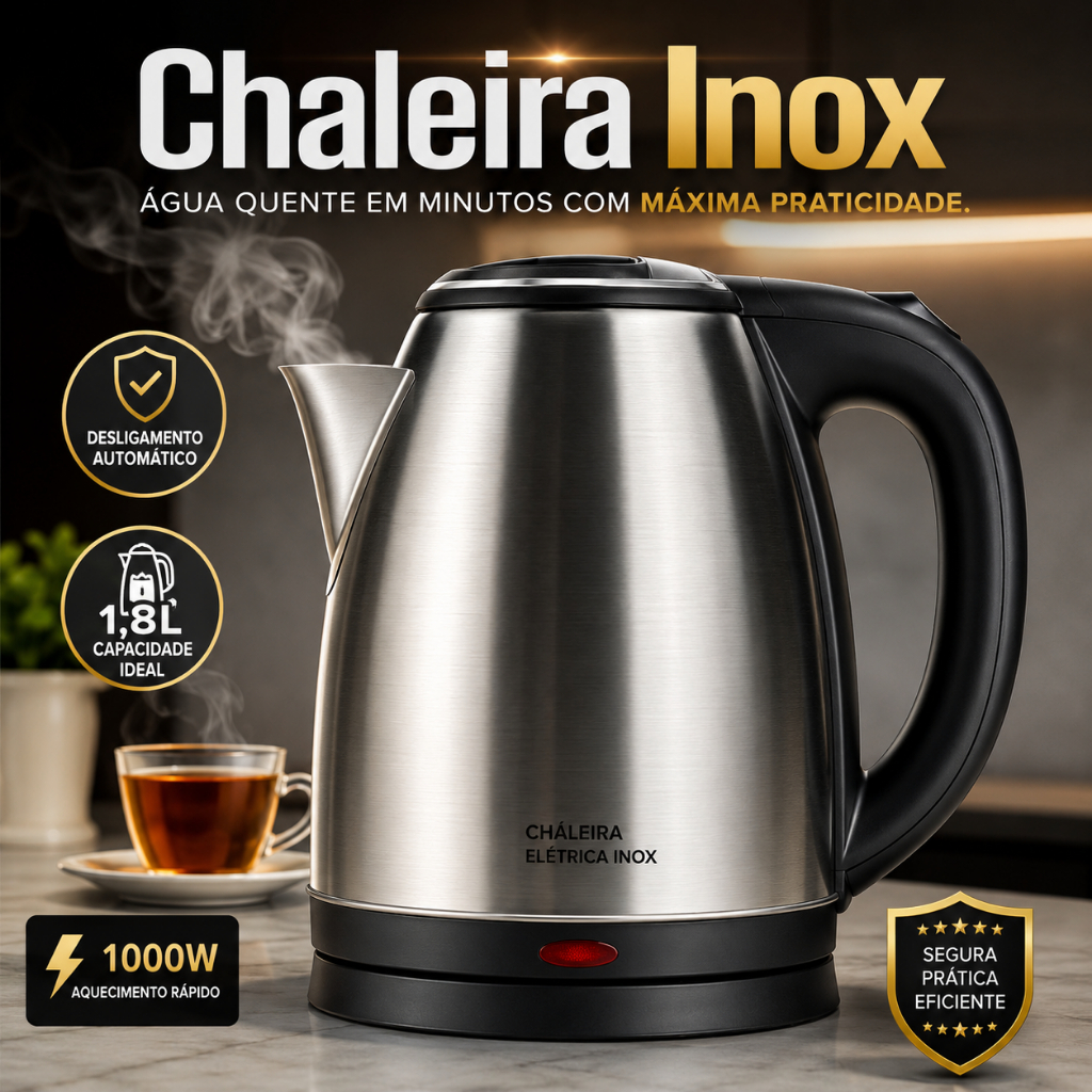 Chaleira Elétrica Inox 1,8L 127V 1000W Aquecimento Rápido Desligamento Automático Base 360°