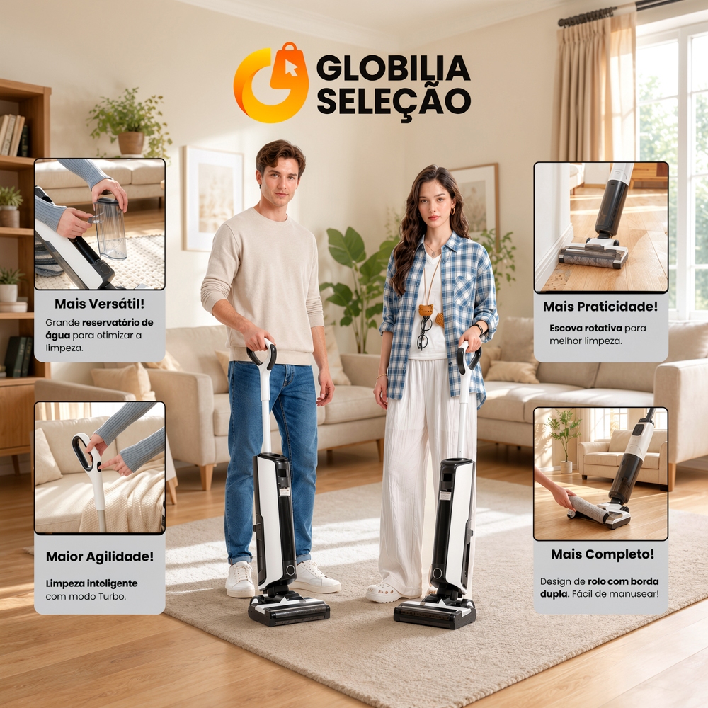 Aspirador lavador de piso 3 em 1 aspirar lavar secar Bivolt motor de tração bateria extra grande inclui balde autolimpez