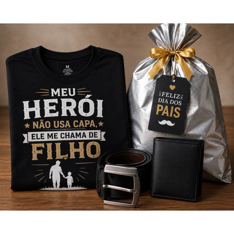🔥 KIT DIA DOS PAIS COMPLETO – Camiseta + Cinto + Carteira + Embalagem Presente 🎁