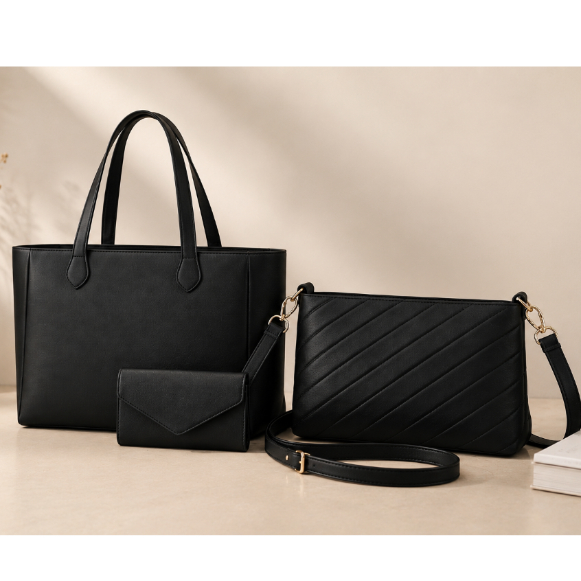 Kit 3 Peças Bolsa Feminina Luxo Tote Ombro Transversal Carteira Elegante Casual Moda Dia a Dia