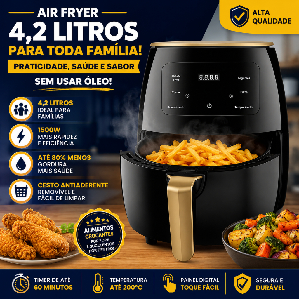 Fritadeira Elétrica 4,2 Litros 1500W 127v Digital Sem Óleo Timer Antiaderente Fácil Limpeza - BARUCH