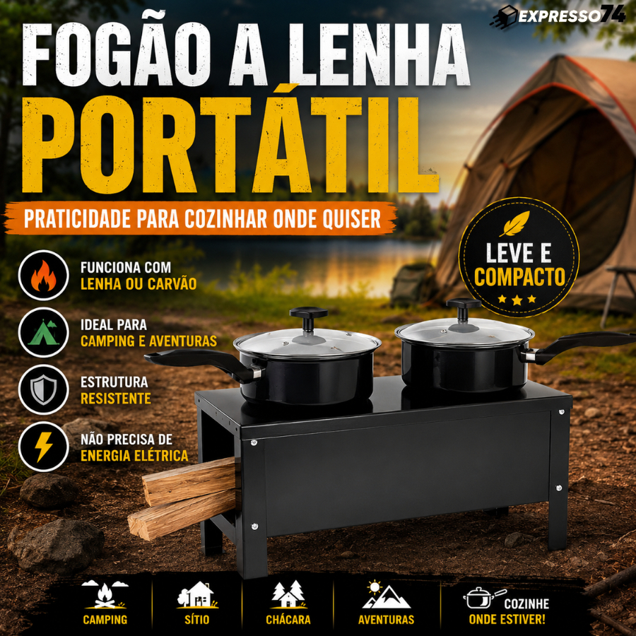 Fogão a Lenha Portátil 2 Bocas Compacto Camping Sítio Chácara Leve e Resistente Uso Externo