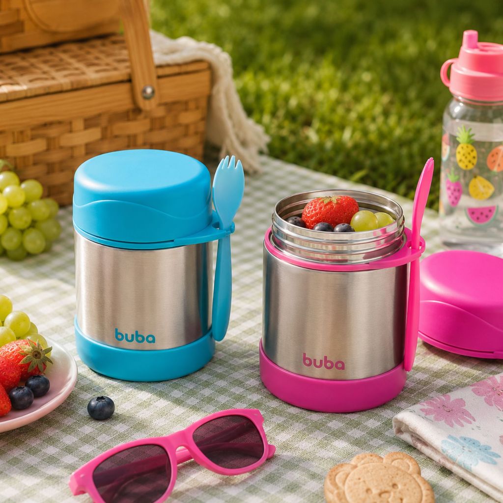 Pote Térmico Infantil Buba 320ml Com Talher Inox Parede Dupla Quente e Frio Sem BPA