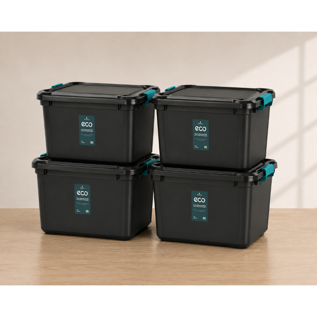 Kit 4 Caixa Organizadora 27 Litros Grande Com Tampa e Travas Cesto Brinquedos e Multiuso Empilhável