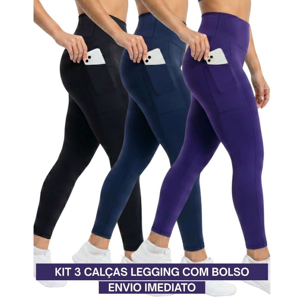 Kit 3 Calça Legging Feminina Cintura Alta Com Bolso Suplex Grossa Academia Treino Corrida Caminhada | 3 Peças