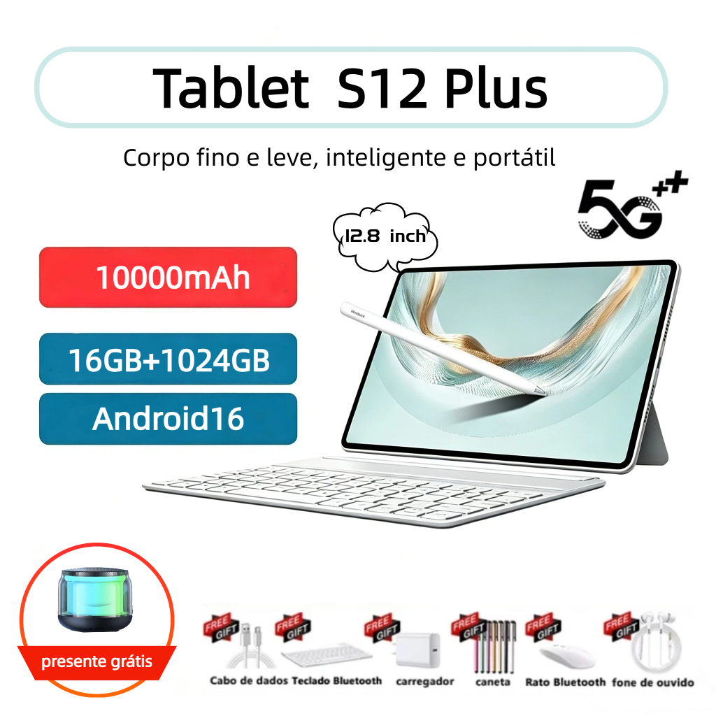 [Mouse e teclado grátis + capa protetora] Tablet S12 Plus 16GB+1024GB comprimido 12.8inch Tela Grande Android Dual 5G