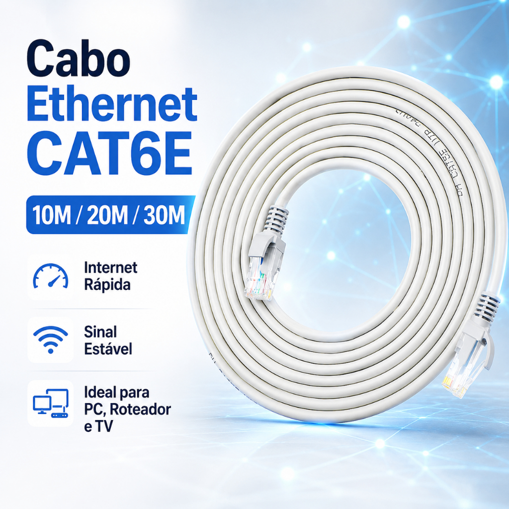 Cabo de Rede RJ45 CAT6E Ethernet Gigabit 1Gbps Alta Velocidade Internet Estável 10M 20M 30M PC Roteador Smart TV Gamer