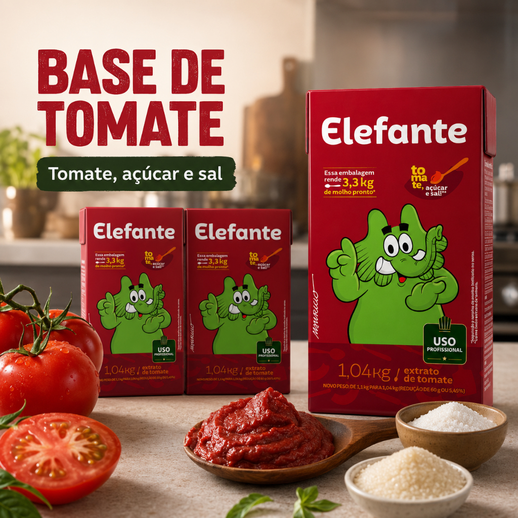 Kit 3 Extrato de Tomate Elefante 1,04kg Caixa Sem Glúten para Cozinha Profissional