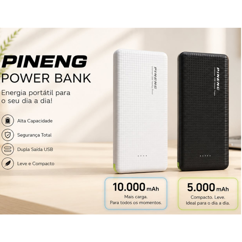 Power Bank Pineng Original 5.000 e 10.000mAh | Carregador Portátil Compacto para iPhone e Android | Alta Capacidade